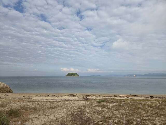 浜辺から望む、沖合の小さな緑の島